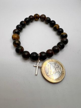 Pulsera Ojo de Tigre y Cruz Plata