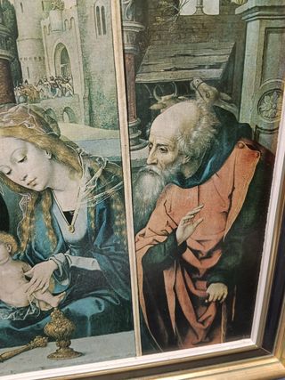 Cuadro , lamina enmarcada en marco de madera 63x49x2 cm, de Jan Van Dornicke ,adoración de los reyes magos (1500)