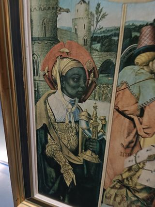 Cuadro , lamina enmarcada en marco de madera 63x49x2 cm, de Jan Van Dornicke ,adoración de los reyes magos (1500)