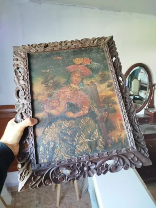 Cuadro pintado en lienzo con marco tallado a m