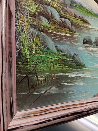 Cuadro oleo sobre lienzo Puente en el rio, enmarcado 37x25 cm