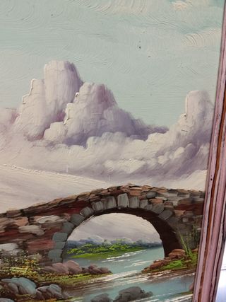 Cuadro oleo sobre lienzo Puente en el rio, enmarcado 37x25 cm