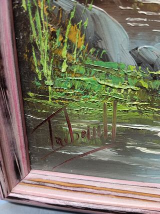 Cuadro oleo sobre lienzo Puente en el rio, enmarcado 37x25 cm