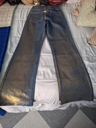 Pantalón señora azul con detalles dorados