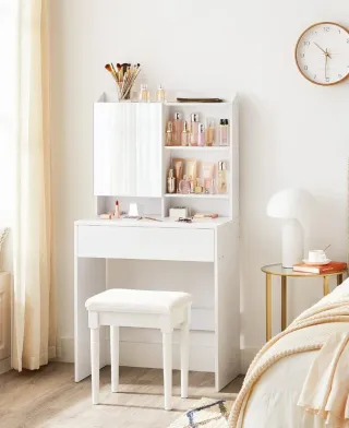 Tocador blanco con espejo y cajón