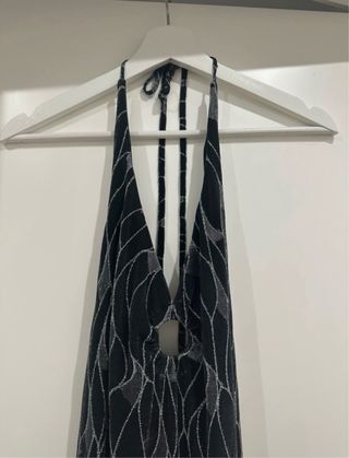 Vestido largo brillo negro y plateado