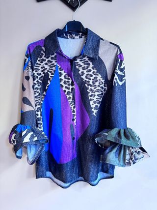 Camicia donna con brillantini multicolor con volant