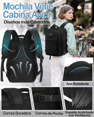 Mochila Viaje Cabina Avion 40x20x25 14" Negr