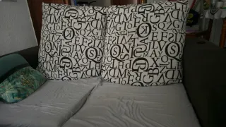 Sofá 2 plazas blanco y color marrón oscuro.