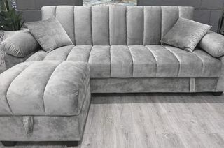 Sofá Cama Gris + Puff Terciopelo