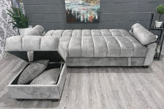 Sofá Cama Gris + Puff Terciopelo