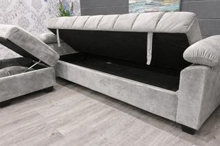 Sofá Cama Gris + Puff Almacenamiento