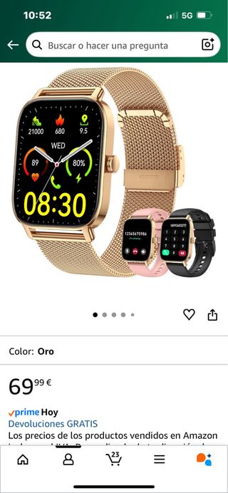 Reloj inteligente dorado con 3 correas