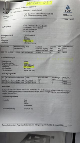 Llantas CMS 7.5 x 19 ET 40 5x100 Buje 57.1