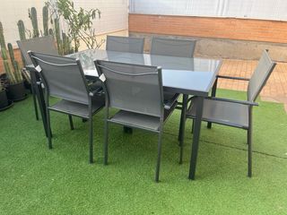 Mesa cristal exterior 6 sillas metal