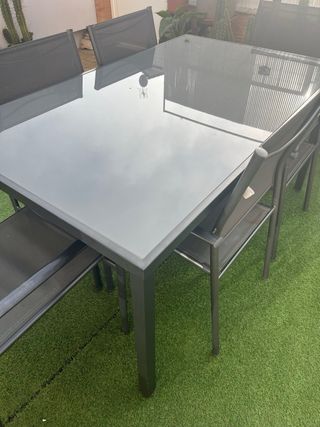 Mesa cristal exterior 6 sillas metal