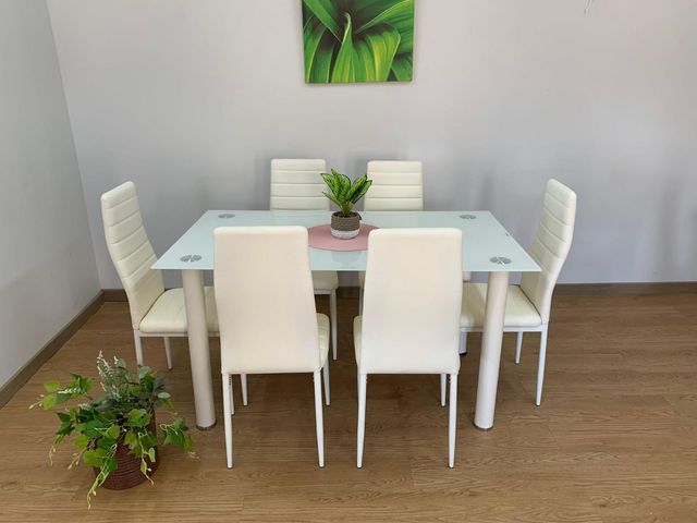 Mesa de vidrio 140x80cm + 6 sillas – Elegante y moderna