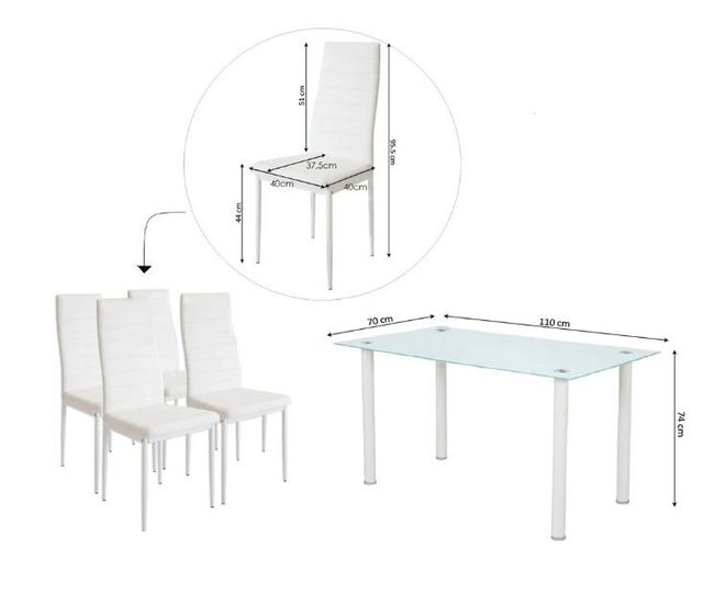 Mesa de Comedor de Cristal + 4 Sillas de Piel Sintética (110*70)