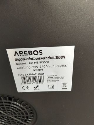 Arebos Placa Inducción Doble 3500W 2 Zonas 56x35cm