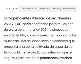 Pendientes Aro Pandora Oro 14k Perla Cultivada