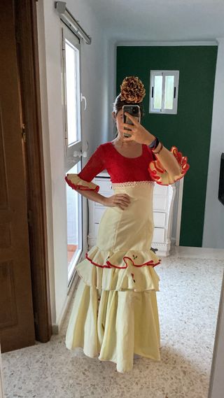 Traje Flamenca Mujer Rojo y Beige