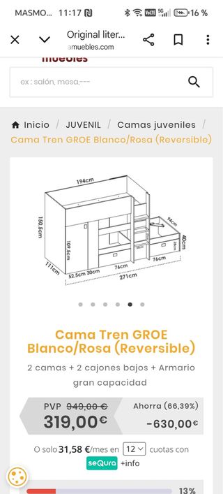 Cama tren GROE blanco/rosa reversible