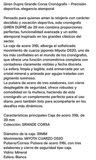 Reloj Giren Dupré Cronógrafo Acero Inoxidable