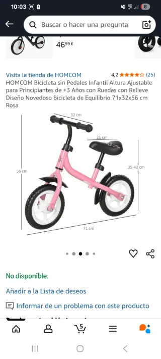 Bicicleta de equilibrio Homcom rosa