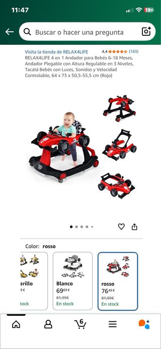 Andador bebé coche de carreras