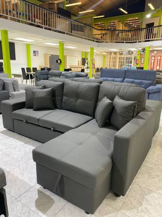 Sofá Cama Chaise Longue Gris + 2 Puff