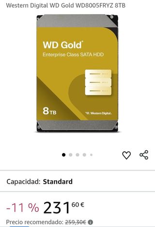 Disco duro WD Gold de 8TB, modelo WD8005FRYZ