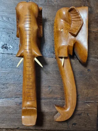 Coppia Sculture Elefante Legno Appendiabiti