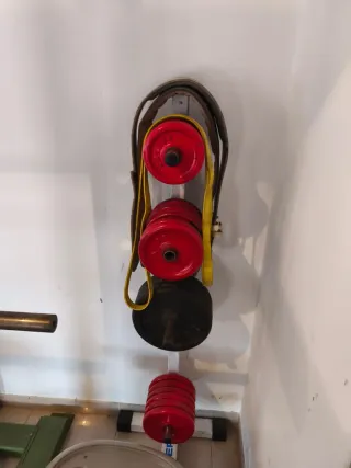 Máquina polea, barra y discos gym, un par de pesas