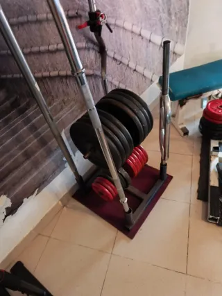 Máquina polea, barra y discos gym, un par de pesas