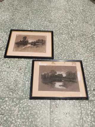 2 Cuadros Dibujos Carboncillo Antiguos