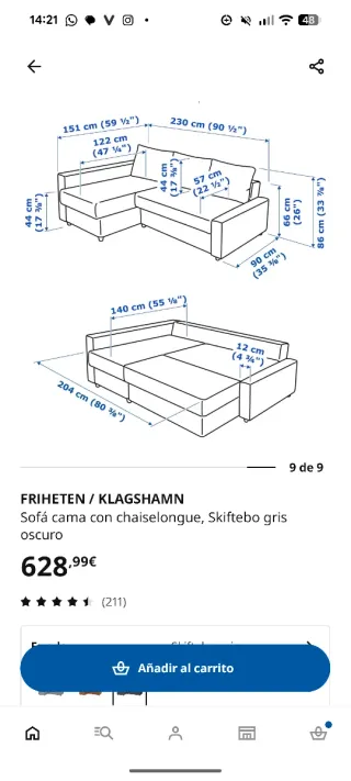 Sofá chaise longue gris Ikea Friheten