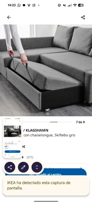 Sofá chaise longue gris Ikea Friheten