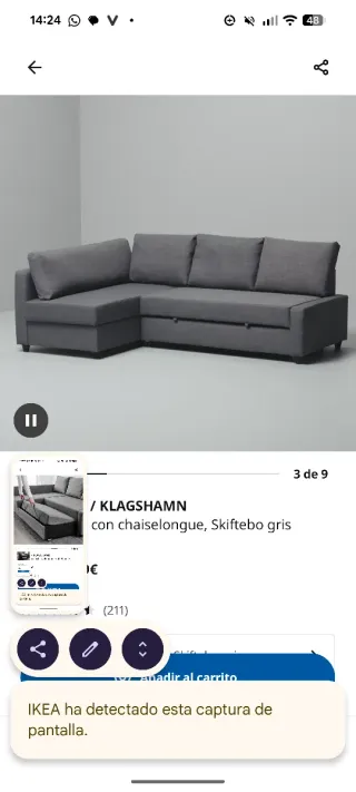 Sofá chaise longue gris Ikea Friheten