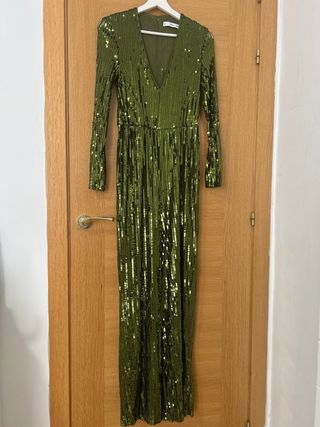 Mono Mango lentejuelas verde, cremallera trasera.