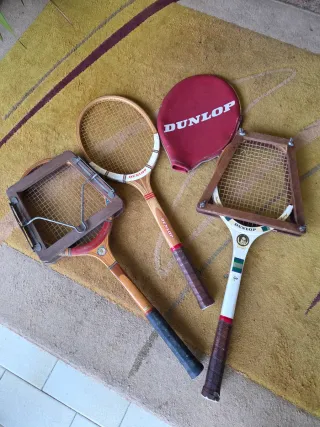 3 raquetas de tenis antiguas, protectores de cabez
