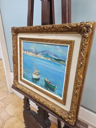 Cuadro al óleo antiguo: Barcos en el mar