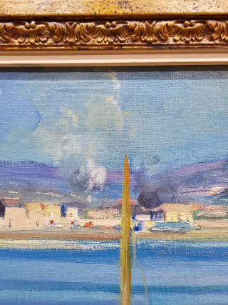 Cuadro al óleo antiguo: Barcos en el mar