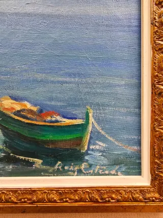 Cuadro al óleo antiguo: Barcos en el mar