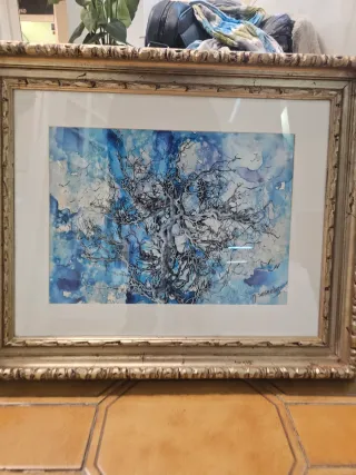 Cuadro antiguo óleo árbol azul dorado