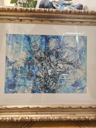 Cuadro antiguo óleo árbol azul dorado