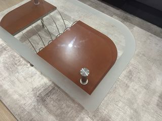 Mesa de centro inox, vidro e madeira cerejeira