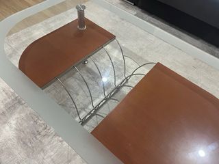Mesa de centro inox, vidro e madeira cerejeira