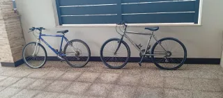 Bicicleta de montaña plateada y 2 mas