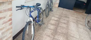 Bicicleta de montaña plateada y 2 mas