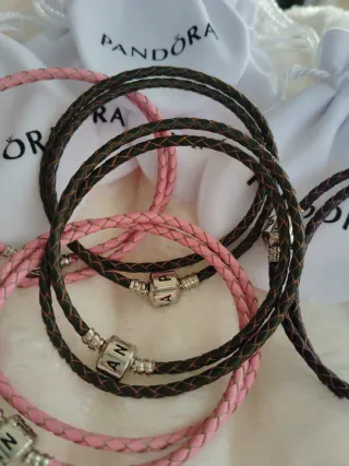 Pulsera Cuero Pandora Doble + Saquito